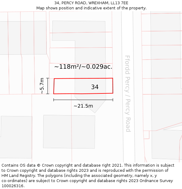 34, PERCY ROAD, WREXHAM, LL13 7EE: Plot and title map
