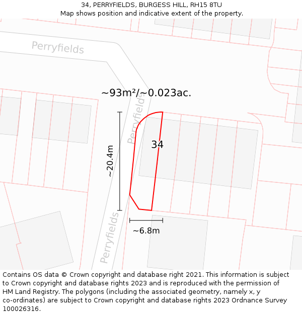 34, PERRYFIELDS, BURGESS HILL, RH15 8TU: Plot and title map