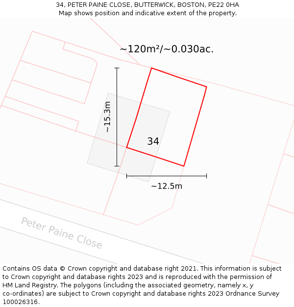 34, PETER PAINE CLOSE, BUTTERWICK, BOSTON, PE22 0HA: Plot and title map