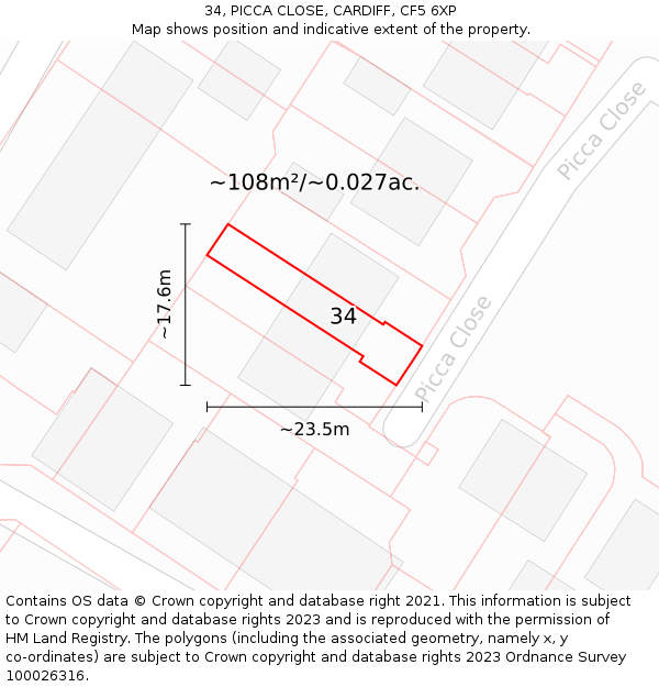 34, PICCA CLOSE, CARDIFF, CF5 6XP: Plot and title map