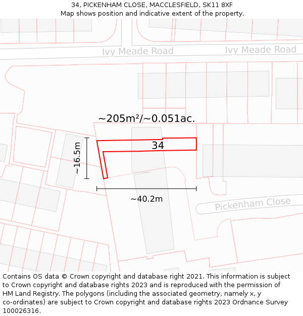 34, PICKENHAM CLOSE, MACCLESFIELD, SK11 8XF: Plot and title map