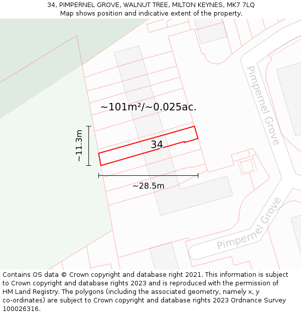 34, PIMPERNEL GROVE, WALNUT TREE, MILTON KEYNES, MK7 7LQ: Plot and title map