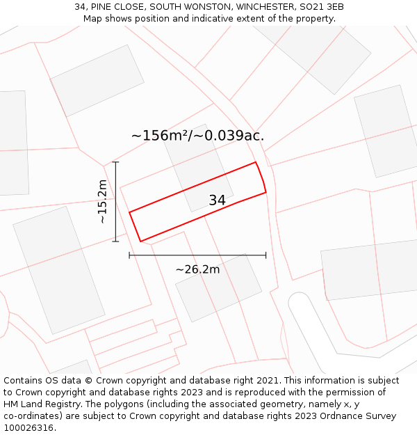 34, PINE CLOSE, SOUTH WONSTON, WINCHESTER, SO21 3EB: Plot and title map