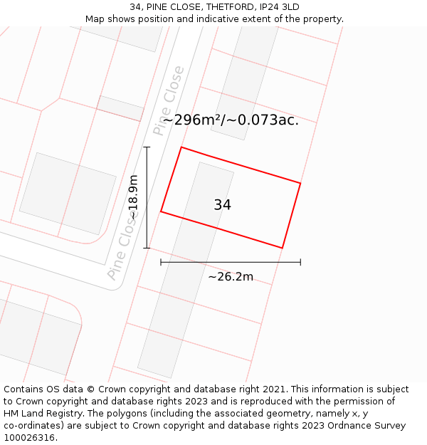 34, PINE CLOSE, THETFORD, IP24 3LD: Plot and title map