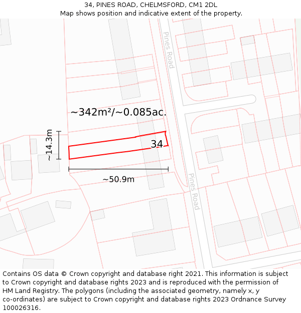 34, PINES ROAD, CHELMSFORD, CM1 2DL: Plot and title map
