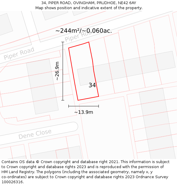 34, PIPER ROAD, OVINGHAM, PRUDHOE, NE42 6AY: Plot and title map