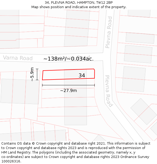 34, PLEVNA ROAD, HAMPTON, TW12 2BP: Plot and title map