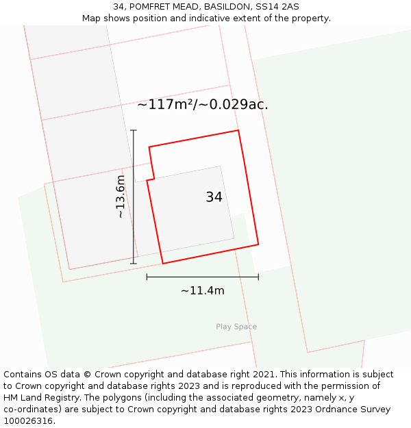 34, POMFRET MEAD, BASILDON, SS14 2AS: Plot and title map