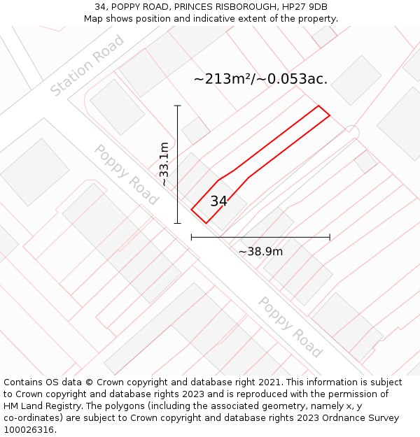 34, POPPY ROAD, PRINCES RISBOROUGH, HP27 9DB: Plot and title map