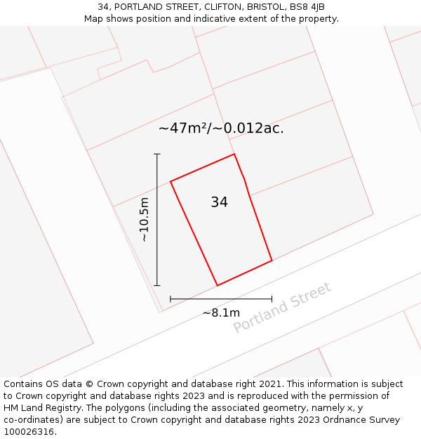 34, PORTLAND STREET, CLIFTON, BRISTOL, BS8 4JB: Plot and title map