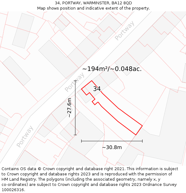 34, PORTWAY, WARMINSTER, BA12 8QD: Plot and title map