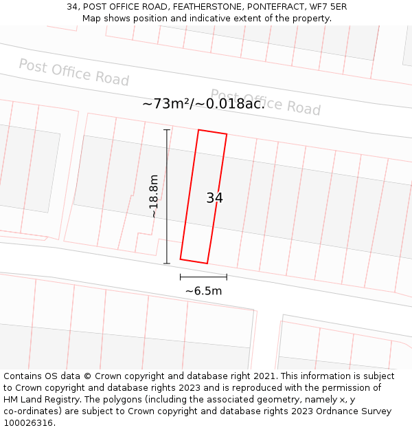 34, POST OFFICE ROAD, FEATHERSTONE, PONTEFRACT, WF7 5ER: Plot and title map