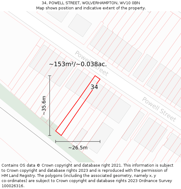 34, POWELL STREET, WOLVERHAMPTON, WV10 0BN: Plot and title map