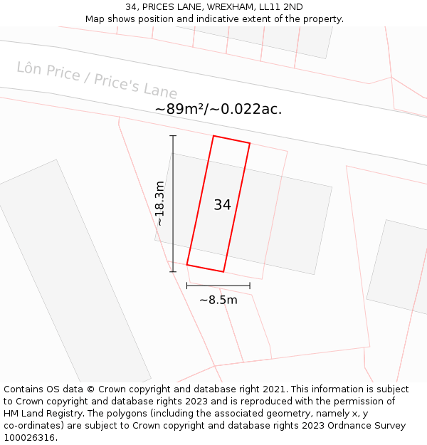 34, PRICES LANE, WREXHAM, LL11 2ND: Plot and title map