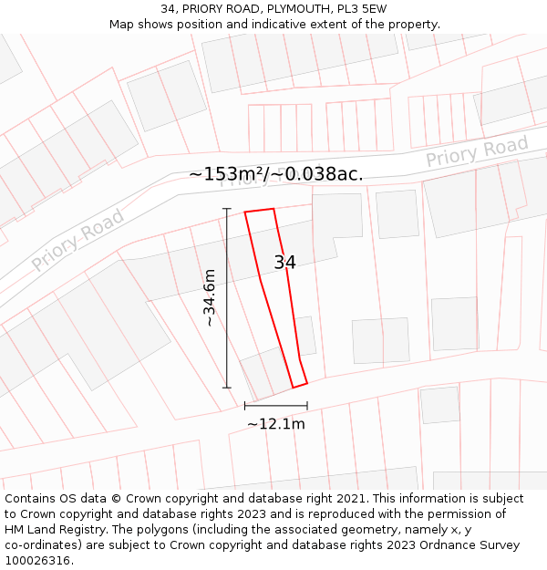 34, PRIORY ROAD, PLYMOUTH, PL3 5EW: Plot and title map