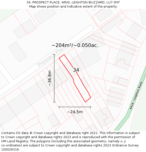 34, PROSPECT PLACE, WING, LEIGHTON BUZZARD, LU7 0NT: Plot and title map