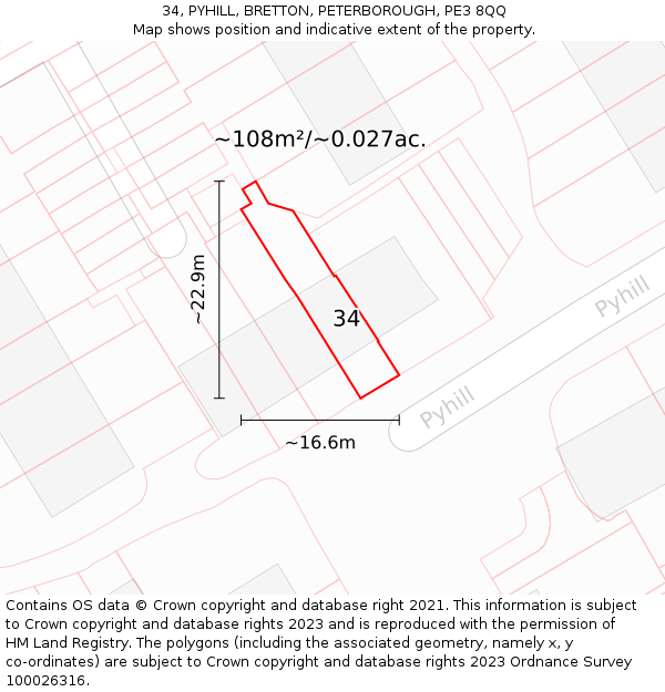 34, PYHILL, BRETTON, PETERBOROUGH, PE3 8QQ: Plot and title map
