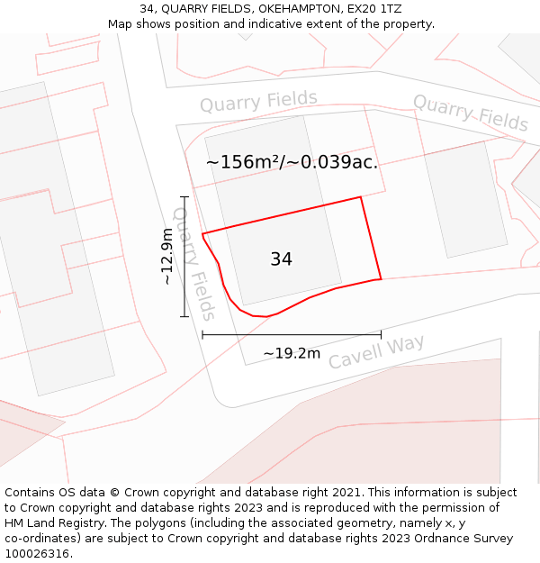 34, QUARRY FIELDS, OKEHAMPTON, EX20 1TZ: Plot and title map