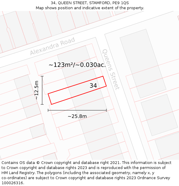 34, QUEEN STREET, STAMFORD, PE9 1QS: Plot and title map