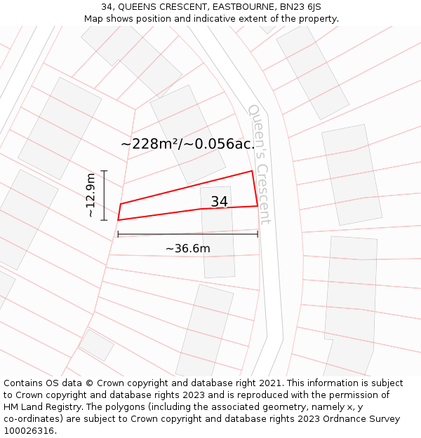 34, QUEENS CRESCENT, EASTBOURNE, BN23 6JS: Plot and title map