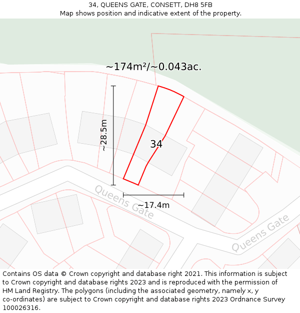 34, QUEENS GATE, CONSETT, DH8 5FB: Plot and title map