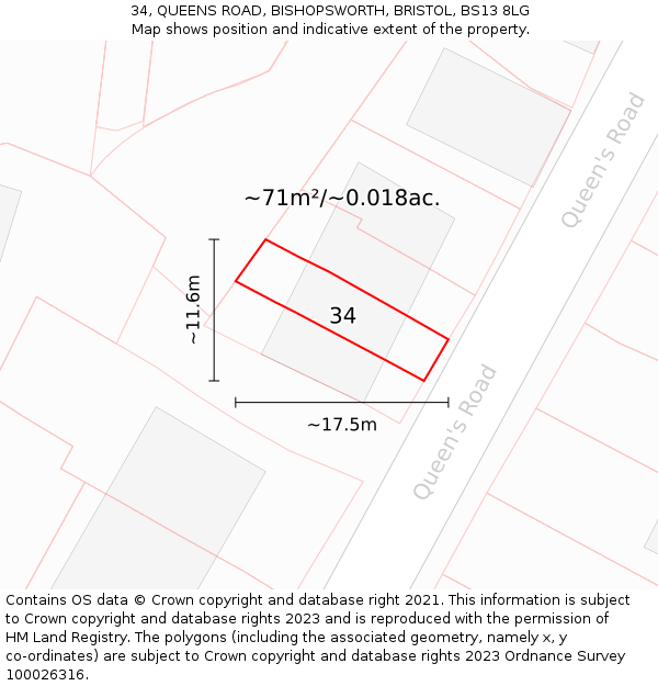 34, QUEENS ROAD, BISHOPSWORTH, BRISTOL, BS13 8LG: Plot and title map