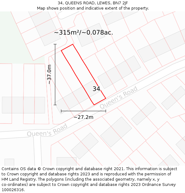 34, QUEENS ROAD, LEWES, BN7 2JF: Plot and title map