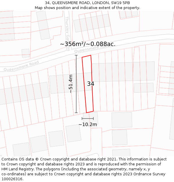 34, QUEENSMERE ROAD, LONDON, SW19 5PB: Plot and title map