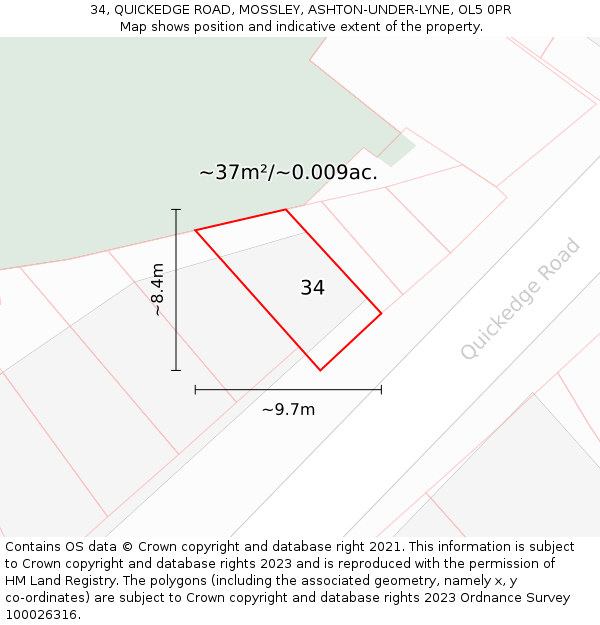 34, QUICKEDGE ROAD, MOSSLEY, ASHTON-UNDER-LYNE, OL5 0PR: Plot and title map