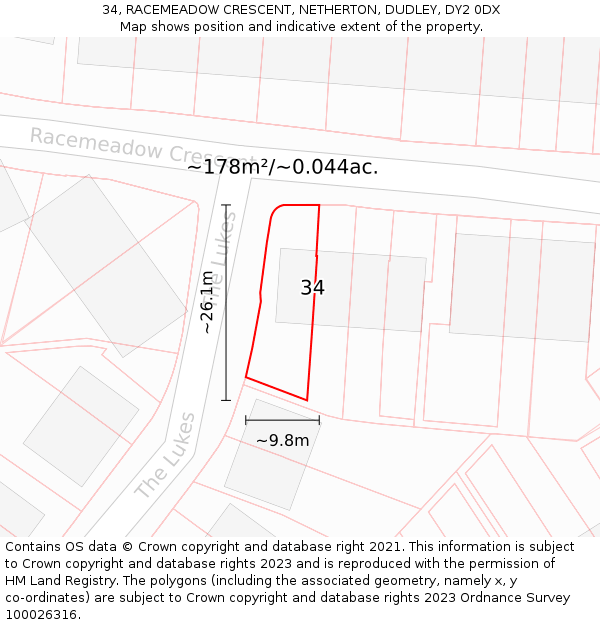 34, RACEMEADOW CRESCENT, NETHERTON, DUDLEY, DY2 0DX: Plot and title map