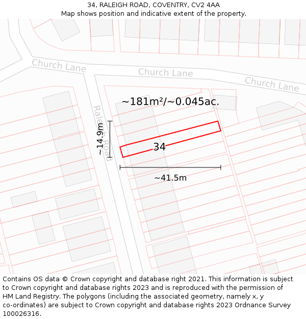 34, RALEIGH ROAD, COVENTRY, CV2 4AA: Plot and title map