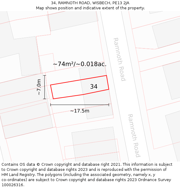 34, RAMNOTH ROAD, WISBECH, PE13 2JA: Plot and title map