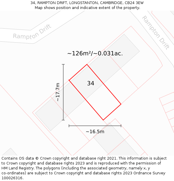 34, RAMPTON DRIFT, LONGSTANTON, CAMBRIDGE, CB24 3EW: Plot and title map