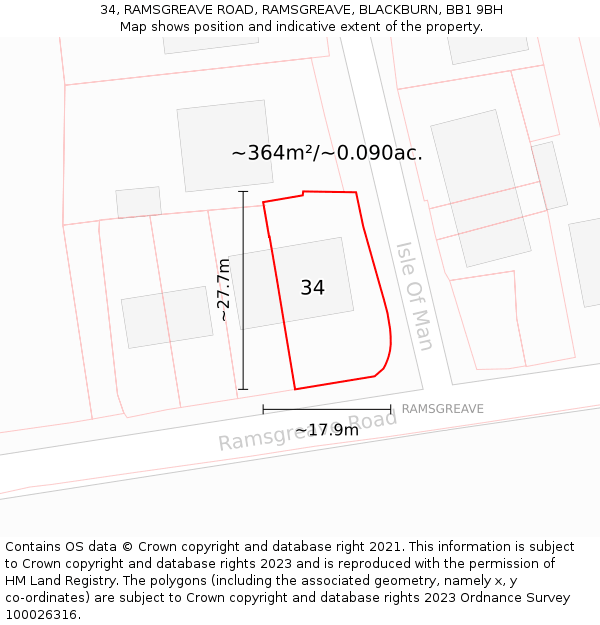 34, RAMSGREAVE ROAD, RAMSGREAVE, BLACKBURN, BB1 9BH: Plot and title map