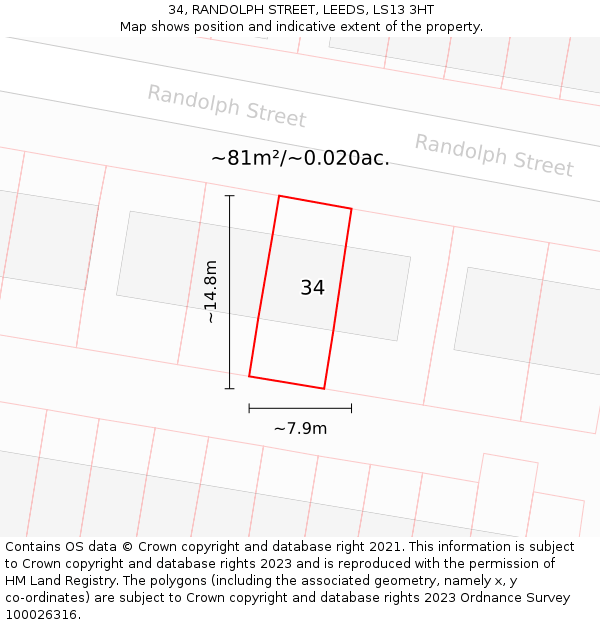 34, RANDOLPH STREET, LEEDS, LS13 3HT: Plot and title map