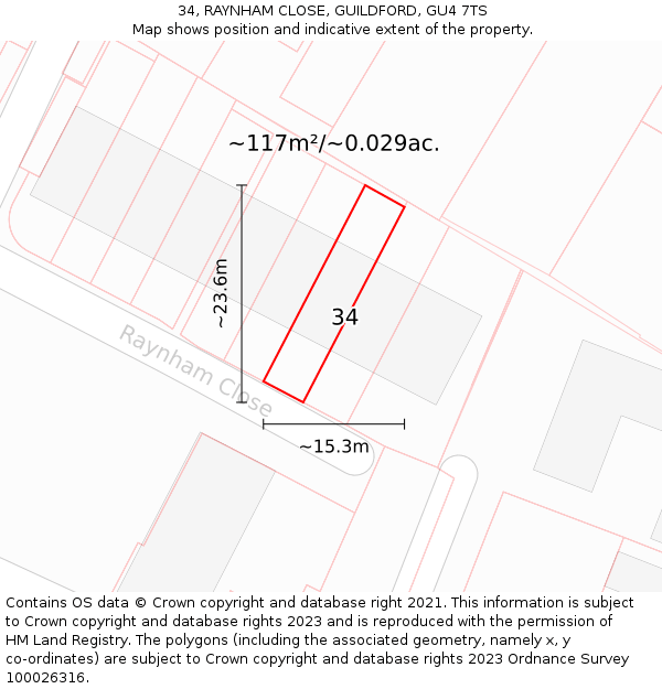 34, RAYNHAM CLOSE, GUILDFORD, GU4 7TS: Plot and title map
