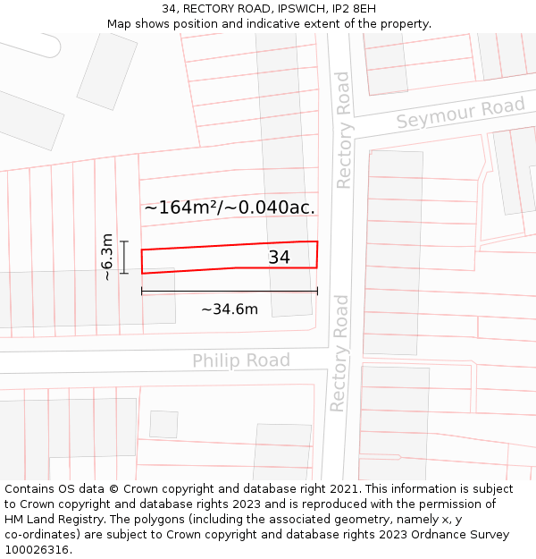 34, RECTORY ROAD, IPSWICH, IP2 8EH: Plot and title map
