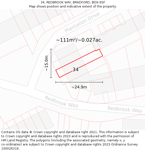 34, REDBROOK WAY, BRADFORD, BD9 6SF: Plot and title map