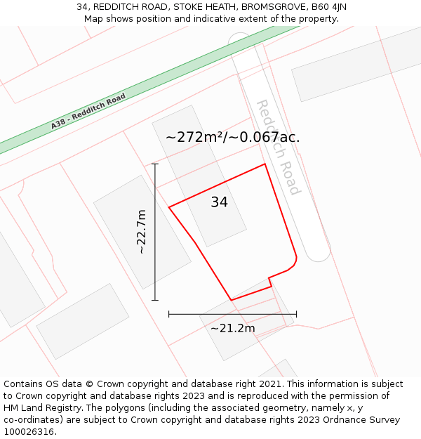 34, REDDITCH ROAD, STOKE HEATH, BROMSGROVE, B60 4JN: Plot and title map