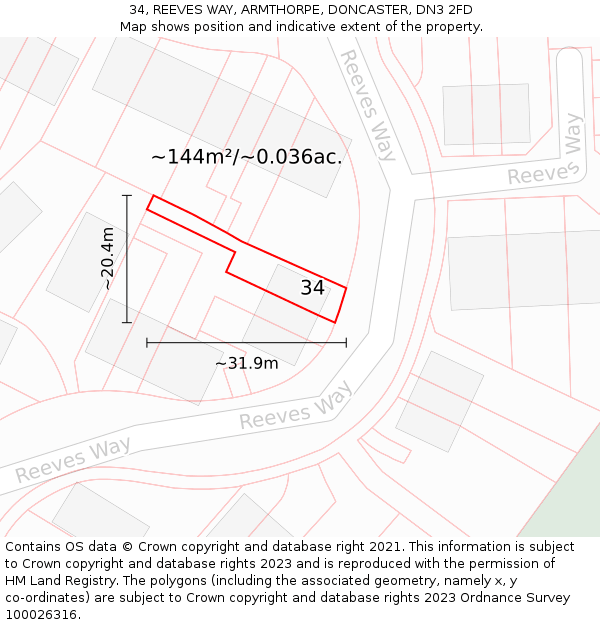 34, REEVES WAY, ARMTHORPE, DONCASTER, DN3 2FD: Plot and title map