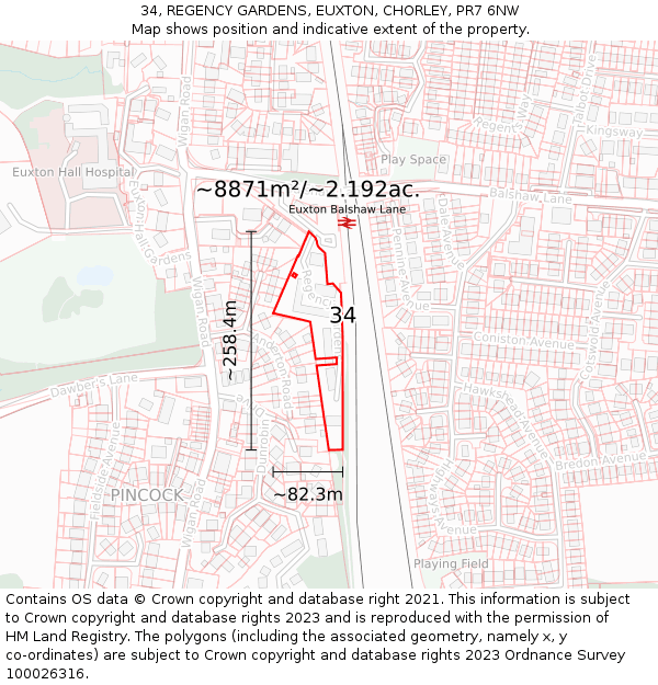 34, REGENCY GARDENS, EUXTON, CHORLEY, PR7 6NW: Plot and title map