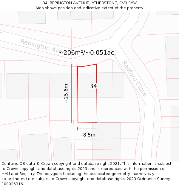 34, REPINGTON AVENUE, ATHERSTONE, CV9 3AW: Plot and title map