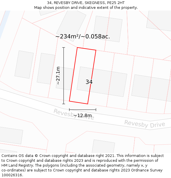 34, REVESBY DRIVE, SKEGNESS, PE25 2HT: Plot and title map