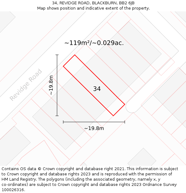 34, REVIDGE ROAD, BLACKBURN, BB2 6JB: Plot and title map