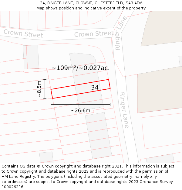 34, RINGER LANE, CLOWNE, CHESTERFIELD, S43 4DA: Plot and title map