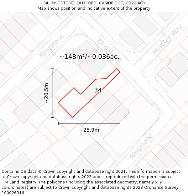 34, RINGSTONE, DUXFORD, CAMBRIDGE, CB22 4GY: Plot and title map