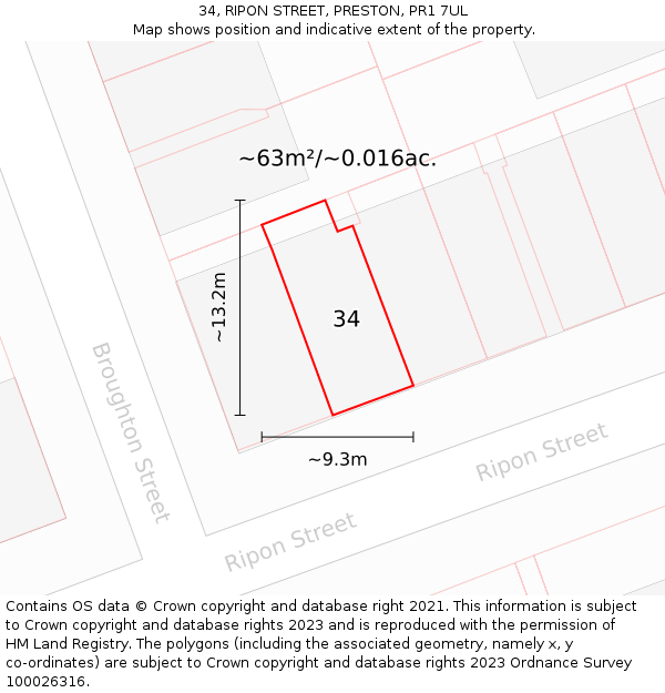 34, RIPON STREET, PRESTON, PR1 7UL: Plot and title map