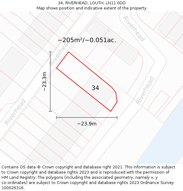 34, RIVERHEAD, LOUTH, LN11 0DD: Plot and title map