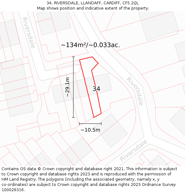 34, RIVERSDALE, LLANDAFF, CARDIFF, CF5 2QL: Plot and title map