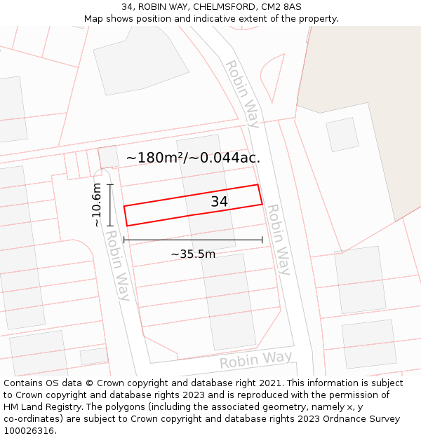 34, ROBIN WAY, CHELMSFORD, CM2 8AS: Plot and title map